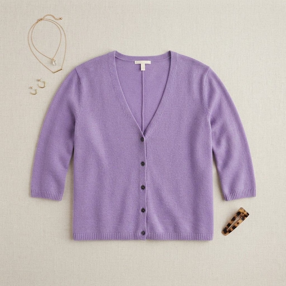 Eileen Fisher Cardigan Womens Medium Purple 100% Linen V-Neck 3/4 Sleeve Classic